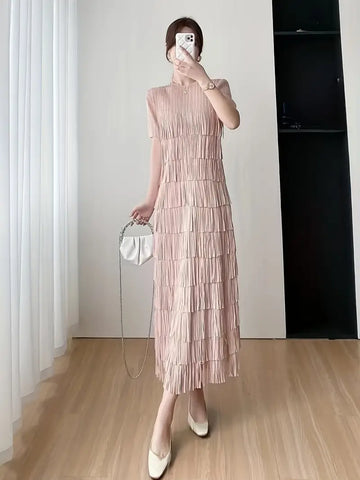 Pink  Crew Neck Short Sleeve Maxi Fringe Dress
