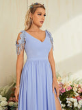 Blue Cap Sleeve Chiffon Tassel Prom Dress With Slit