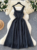 Black Button Straps Velvet Midi Dress