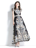 PALACE STYLE LAPEL SLEEVELESS PRINT LONG DRESS