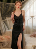 SEXY SOLID SATIN LACE V-NECK SPLIT PAJAMAS