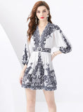 STAND-UP COLLAR LANTERN SLEEVE PRINTED SHORT MINI DRESS