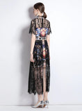 LACE STITCHING PRINTED SHORT SLEEVE DRESS