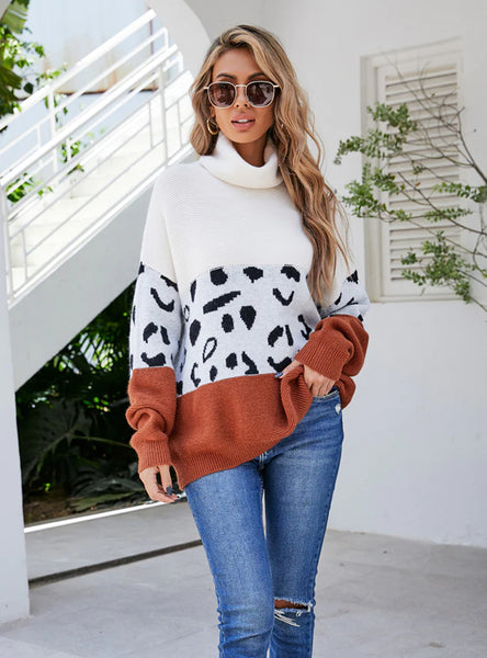 STYLISH HIGH-NECKED PRINTED LEOPARD-PRINT LOOSE SWEATER