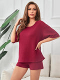 FASHION SUMMER RED WAFFLE SHORT-SLEEVED SHORTS SET