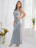 SEXY GRAY RETRO SLEEVELESS SATIN DRESS