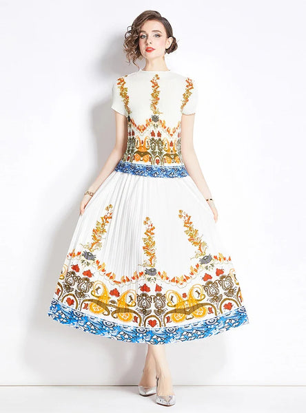 RETRO PRINTED SHORT SLEEVE T-SHIRT+PLEATED SKIRT SUIT