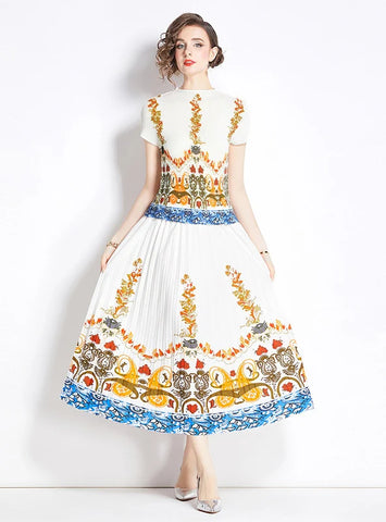 RETRO PRINTED SHORT SLEEVE T-SHIRT+PLEATED SKIRT SUIT
