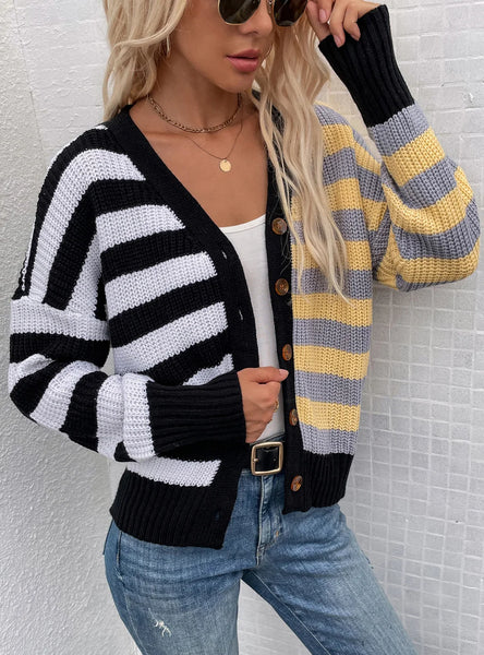 CLASSY STRIPED LOOSE SINGLE-BREASTED CARDIGAN SWEATER
