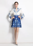 PRINTED RETRO V-NECK LANTERN SLEEVE DRESS