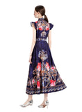 PRINTED HOLIDAY SLIM LONG DRESS