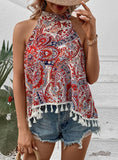 SLEEVELESS TASSEL PRINT HALTER TOP
