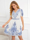 V-NECK SHORT SLEEVE PRINT DRESS