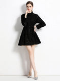 HOLLOW COTTON LACE-UP LONG SLEEVE DRESS