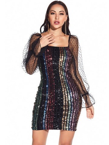 MESH LONG SLEEVE SEQUINED DRESS