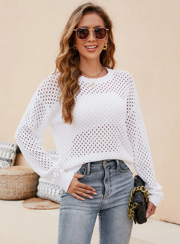 FASHION SOLID COLOR HOLLOW PULLOVER NECK SWEATER