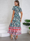 V-NECK LOTUS LEAF SLEEVE FLORAL PRINT LONG DRESS