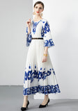 PLEATED BLUE AND WHITE PORCELAIN LOOSE DRESS