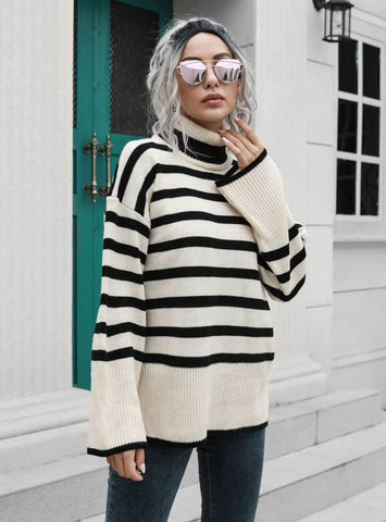 STRIPED SIDE SPLIT MEDIUM AND LONG SWEATER