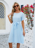 SOLID COLOR PLEATED LOOSE SHORT SLEEVE DRESS
