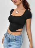 IRREGULAR SQUARE COLLAR SHORT-SLEEVED T-SHIRT
