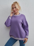 FASHION SOLID COLOR ROUND NECK STRIPED TOP SWEATER