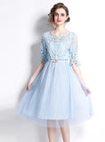 HOLLOW CHIFFON LACE SOLID COLOR DRESS