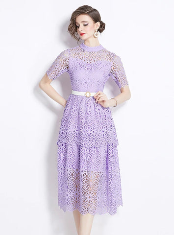 SHORT-SLEEVED LACE MEDIUM-LONG DRESS
