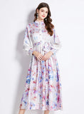 SATIN VINTAGE LANTERN SLEEVE PRINTED DRESS