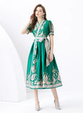 V-NECK LANTERN SLEEVE RETRO PRINT DRESS