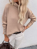 CLASSY SOLID COLOR HIGH NECK BUTTON SWEATER