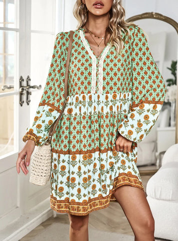 VACATION AND LEISURE BOHEMIAN LONG SLEEVE PRINT DRESS