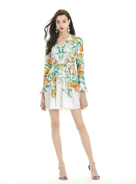LOTUS LEAF SLEEVE V-NECK PRINT LONG SLEEVE DRESS