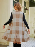 STYLISH LONG SLEEVELESS JACQUARD PLAID VEST SWEATER COAT