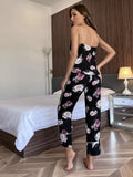 FASHION STRAP TOP FLOWER PRINTED PAJAMAS SUIT