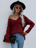 FASHION SOLID COLOR PULLOVER LOOSE V-NECK SWEATER