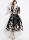 VINTAGE PALACE STYLE PRINTED V-NECK BIG SWING DRESS