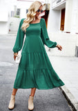 SOLID COLOR SQUARE COLLAR LONG SLEEVE DRESS