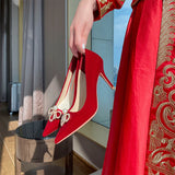 RED HIGH HEELS PEARLS WEDDING SHOES