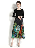RETRO SQUARE NECK LONG SLEEVE TOP+PRINTED PLEATED SKIRT SUIT