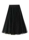 BEADED PLEATED SKIRT HIGH WAIST GAUZE SKIRT