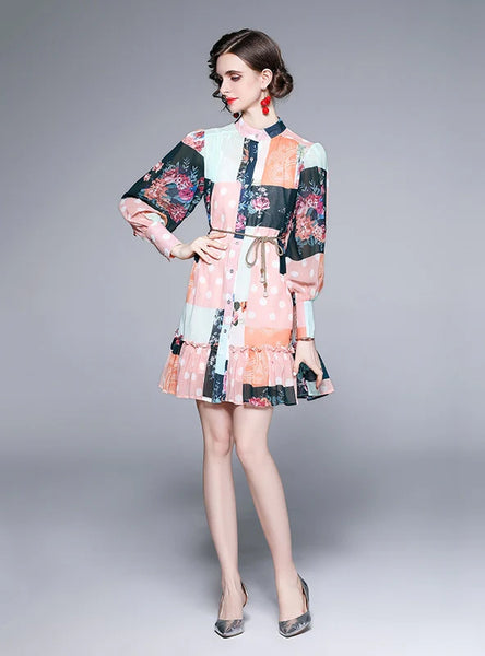 RETRO COLOR MATCHING PRINTED LONG-SLEEVED DRESS