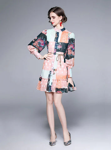 RETRO COLOR MATCHING PRINTED LONG-SLEEVED DRESS