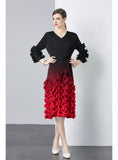 FOLDING WOODEN EAR RUFFLED SLIM V-NECK GRADIENT DRESS