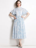 DRAWSTRING SLIM PRINT SHORT SLEEVE DRESS