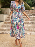 SILM WAIST V-NECK PRINTED LONG DRESS
