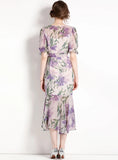PURPLE SQUARE COLLAR PRINTED FLORAL DRESS