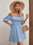 LEISURE BLUE OFF THE SHOULDER DRESS