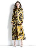 RETRO LAPEL LANTERN SLEEVE LONG PRINTED DRESS