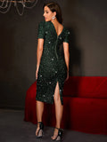 GREEN SEQUINED SHORT SLEEVE DRESS